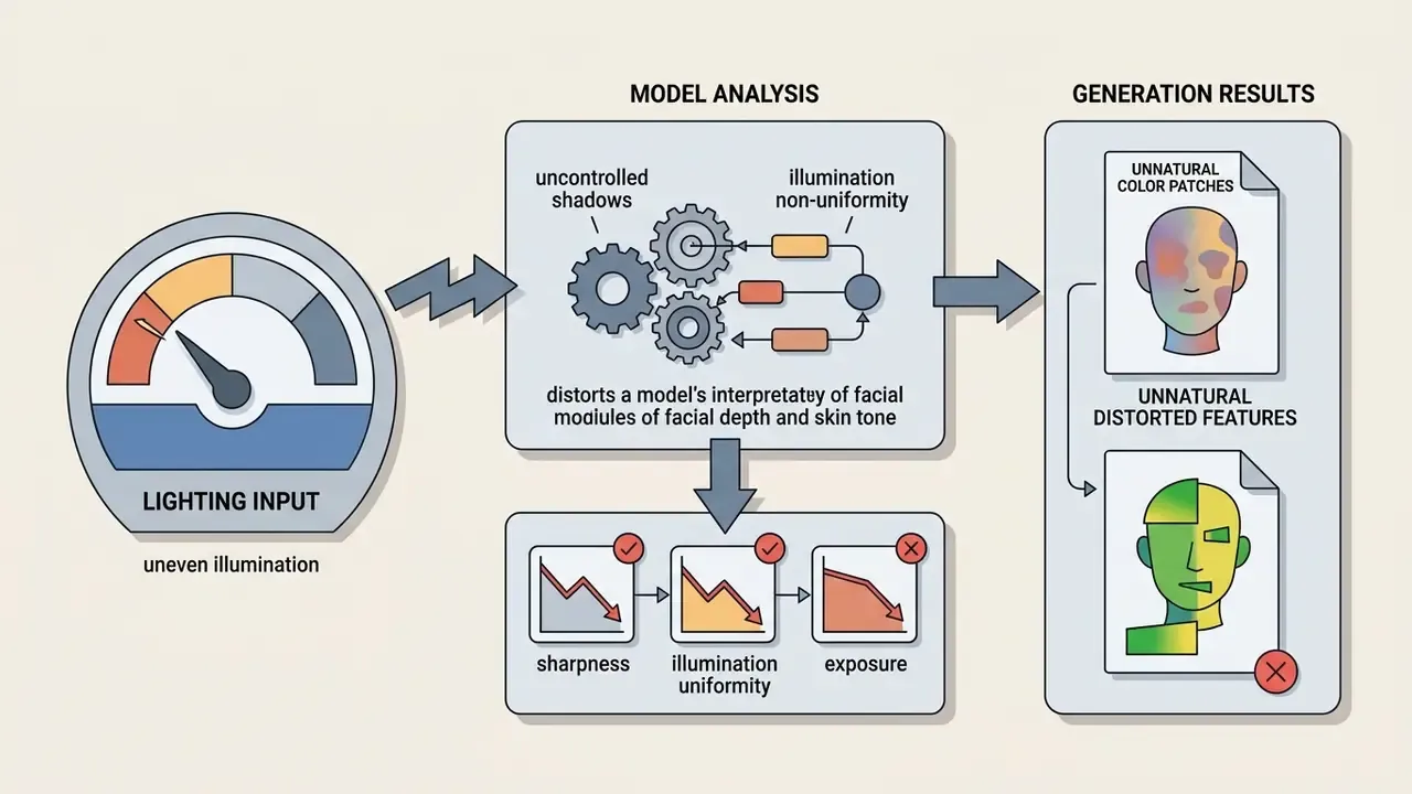 Gauge measuring uneven lighting that causes model analysis errors and distorted facial generation results