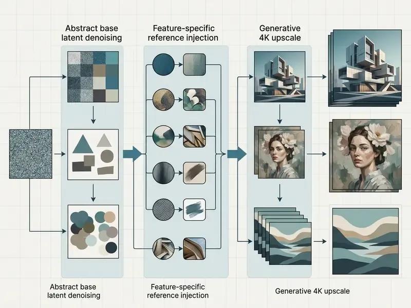 Process diagram showing latent denoising, feature injection, and generative 4K upscaling for AI visuals