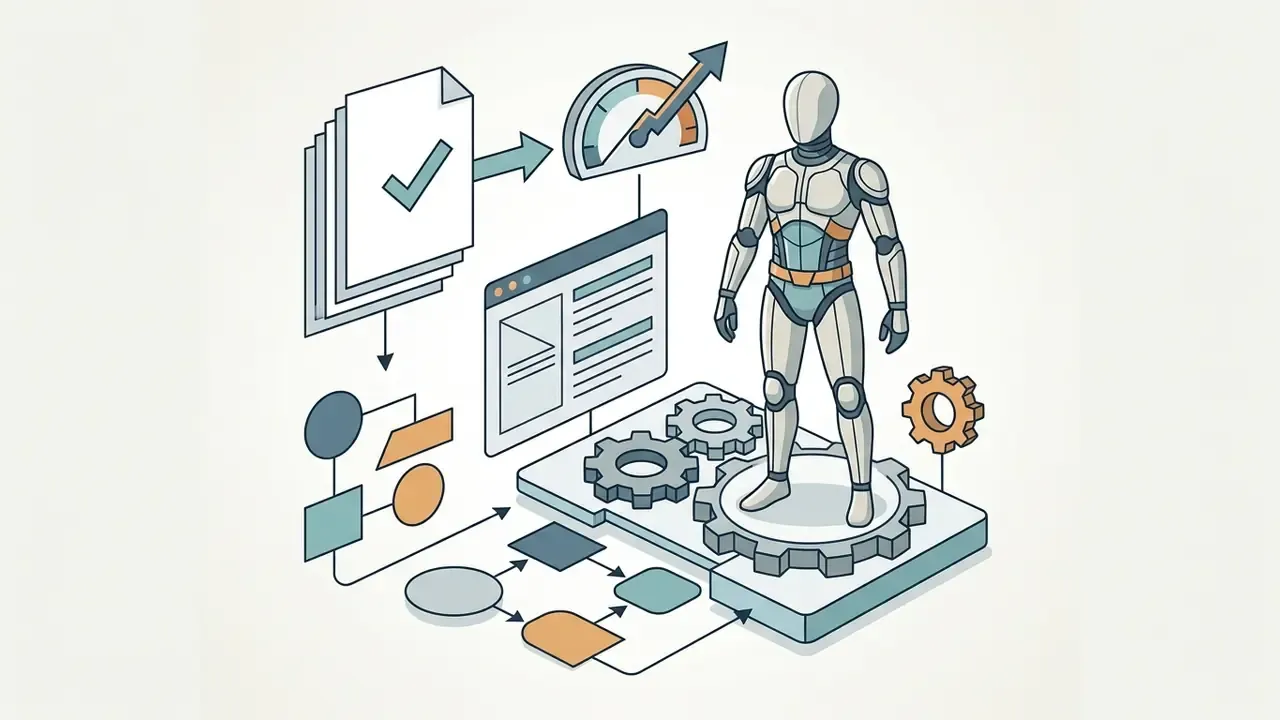 Isometric view of a humanoid robot standing on a gear platform linked to document and process icons