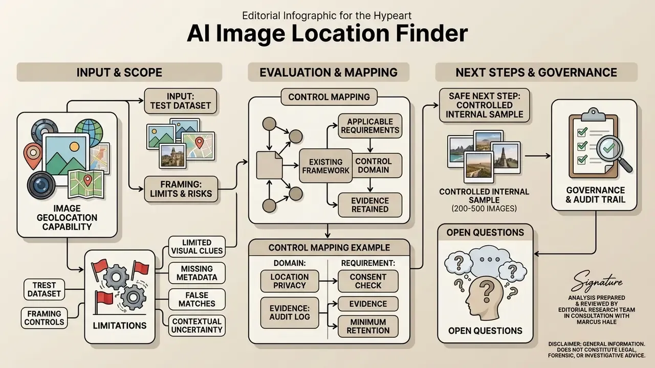 Infographic mapping input scope, evaluation controls, governance steps, and open questions for analysis