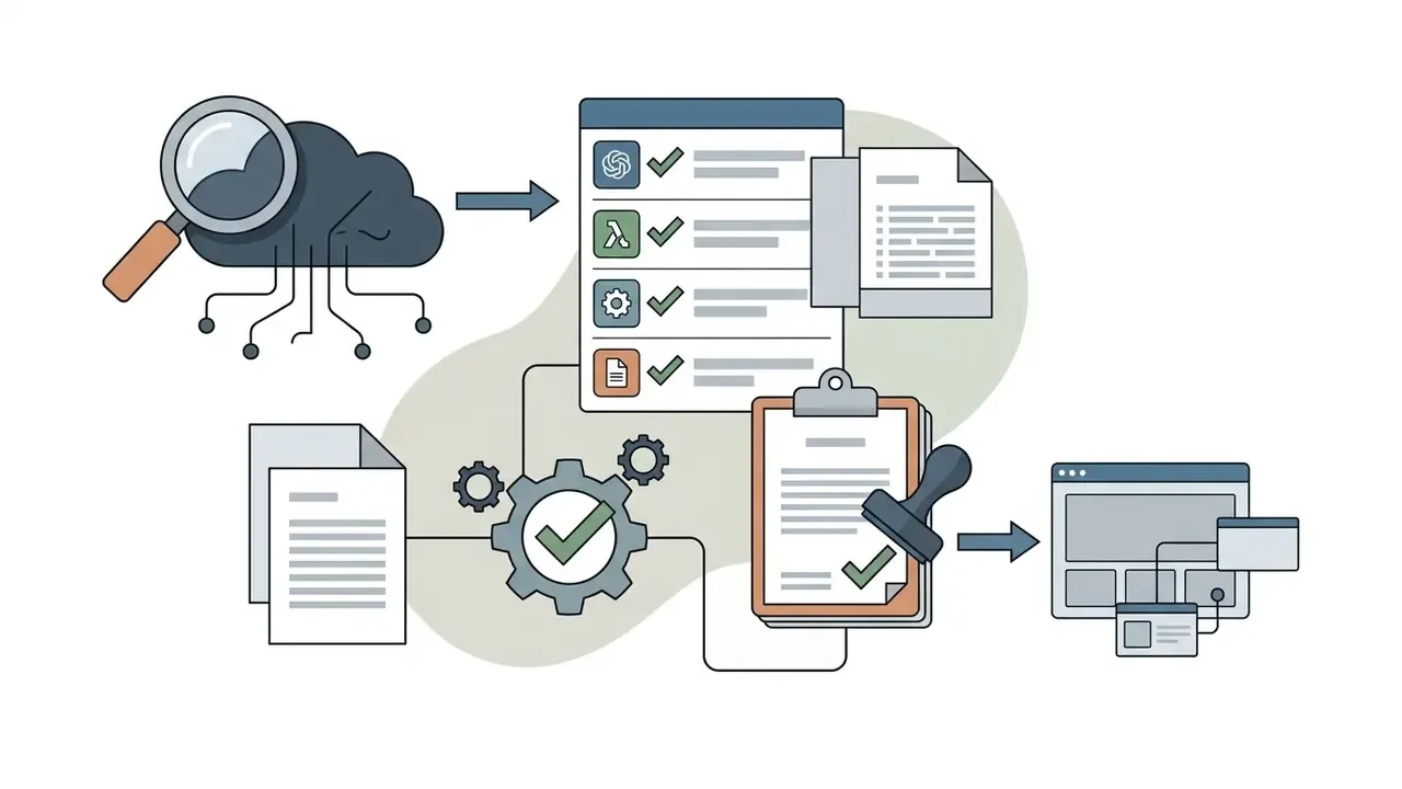 Magnifying glass inspecting cloud data flowing into a checklist and stamped compliance documentation