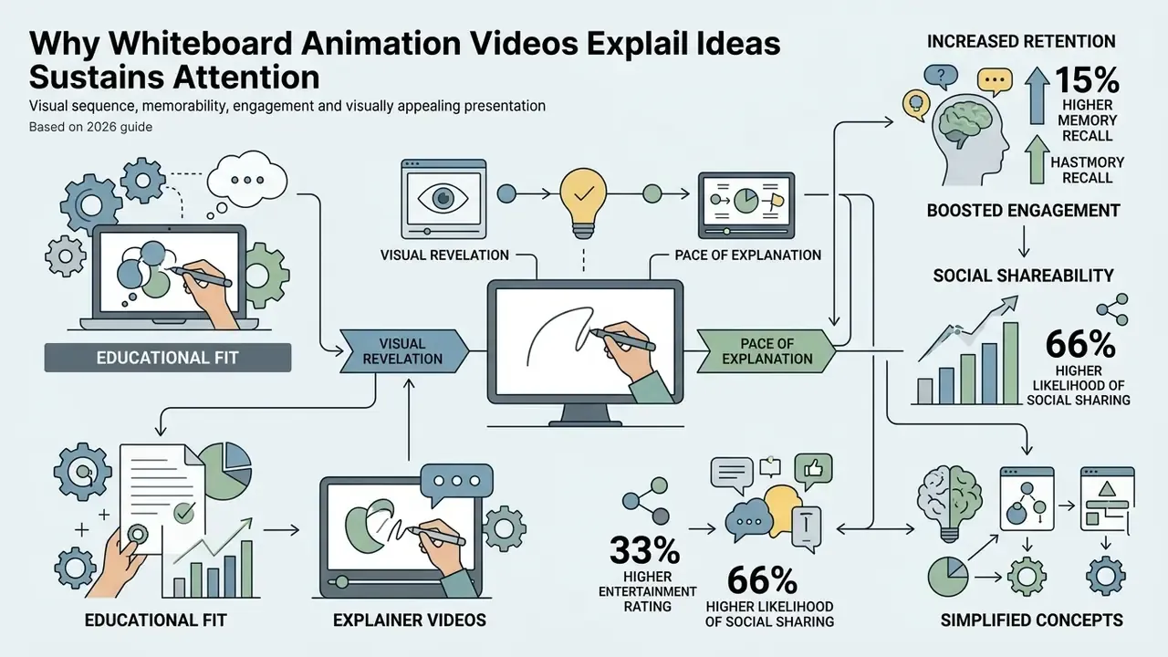 Infographic showing how visual revelation and explanation pace improve memory recall and social sharing