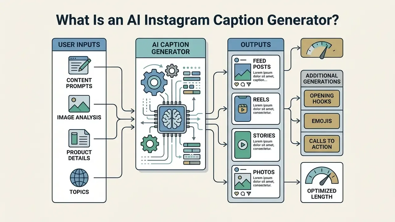 Flowchart showing how user inputs are processed by an AI tool to create Instagram captions and content