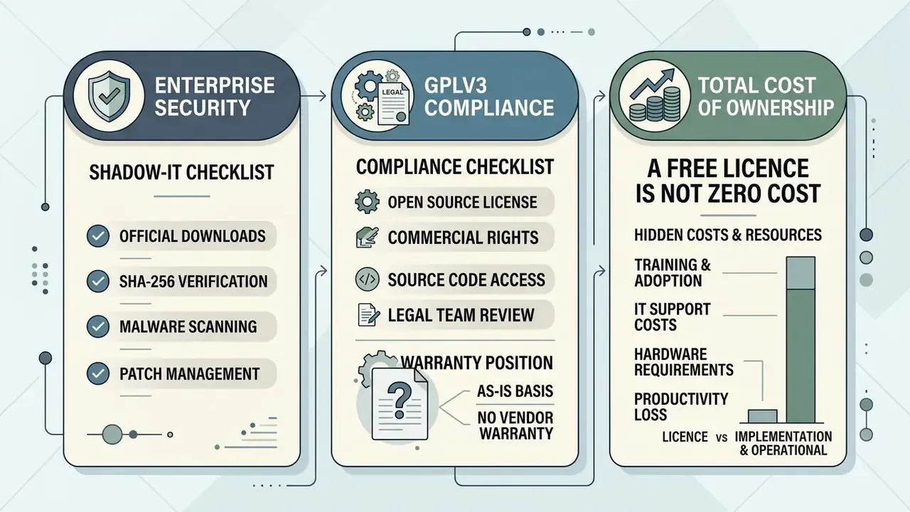 Infographic summarizing enterprise security, GPLv3 compliance, and total cost of ownership for Shotcut