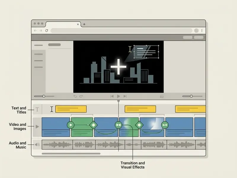Diagram showing a video editor timeline with layered tracks for text, media, and background audio