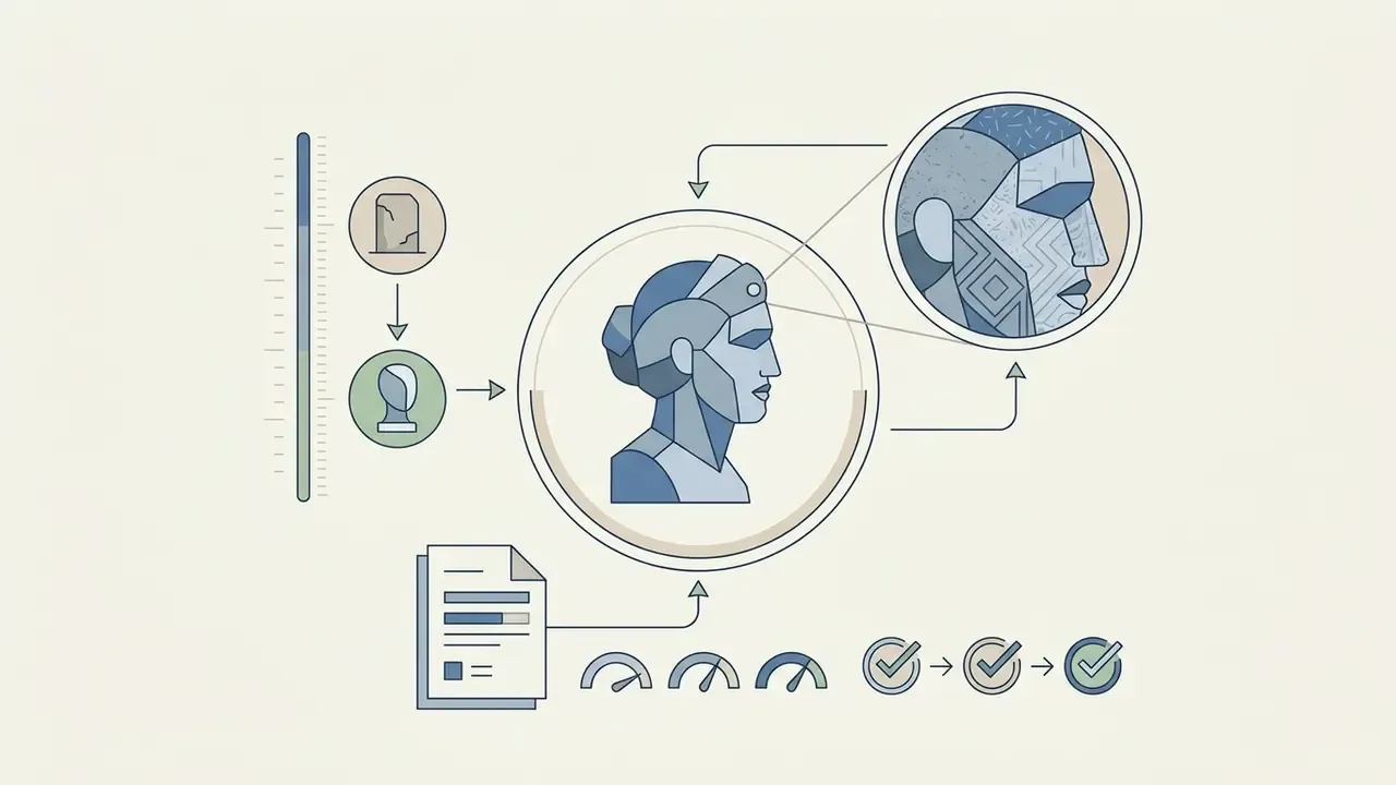 Diagram showing a bust being refined with texture details and settings represented by gauges and checkmarks