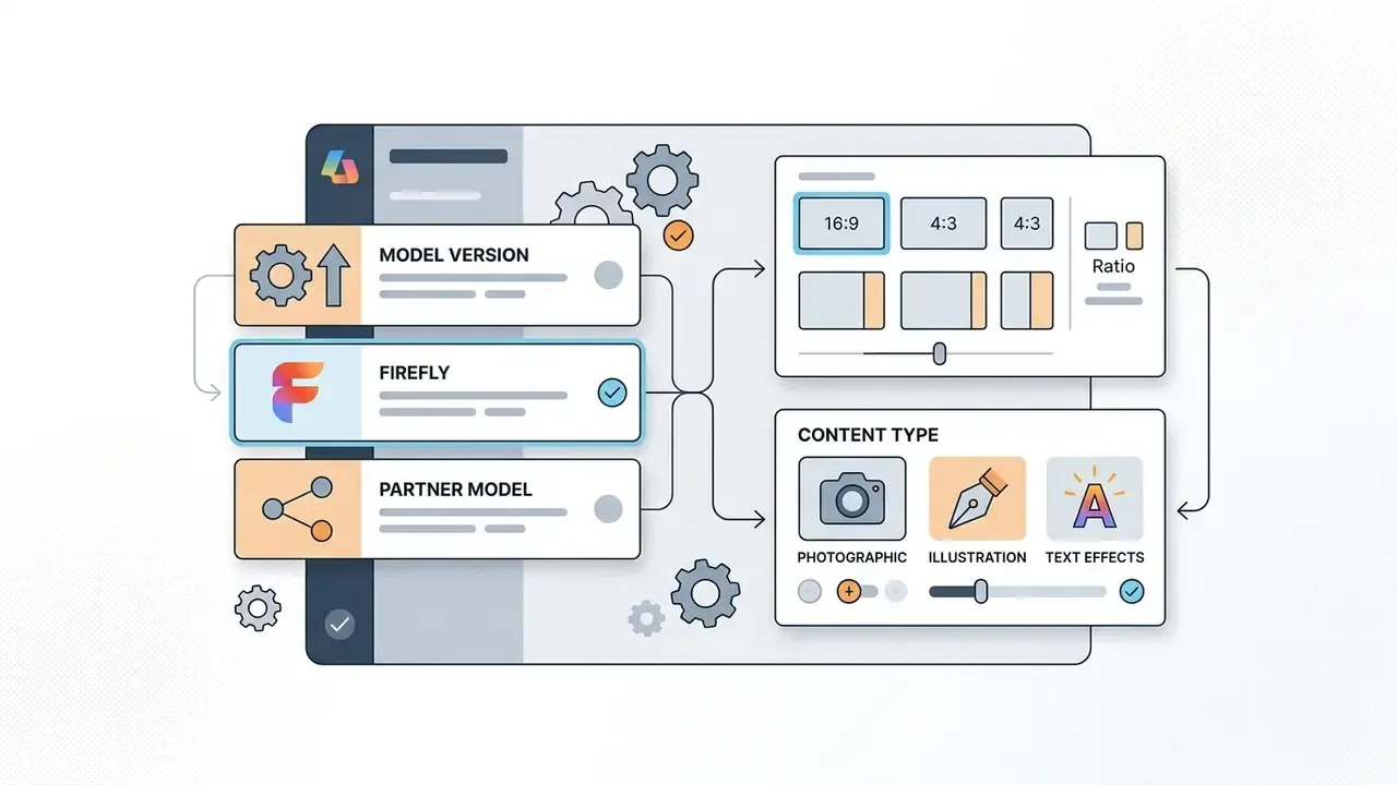 Sidebar interface showing model selection options leading to aspect ratio and content type settings
