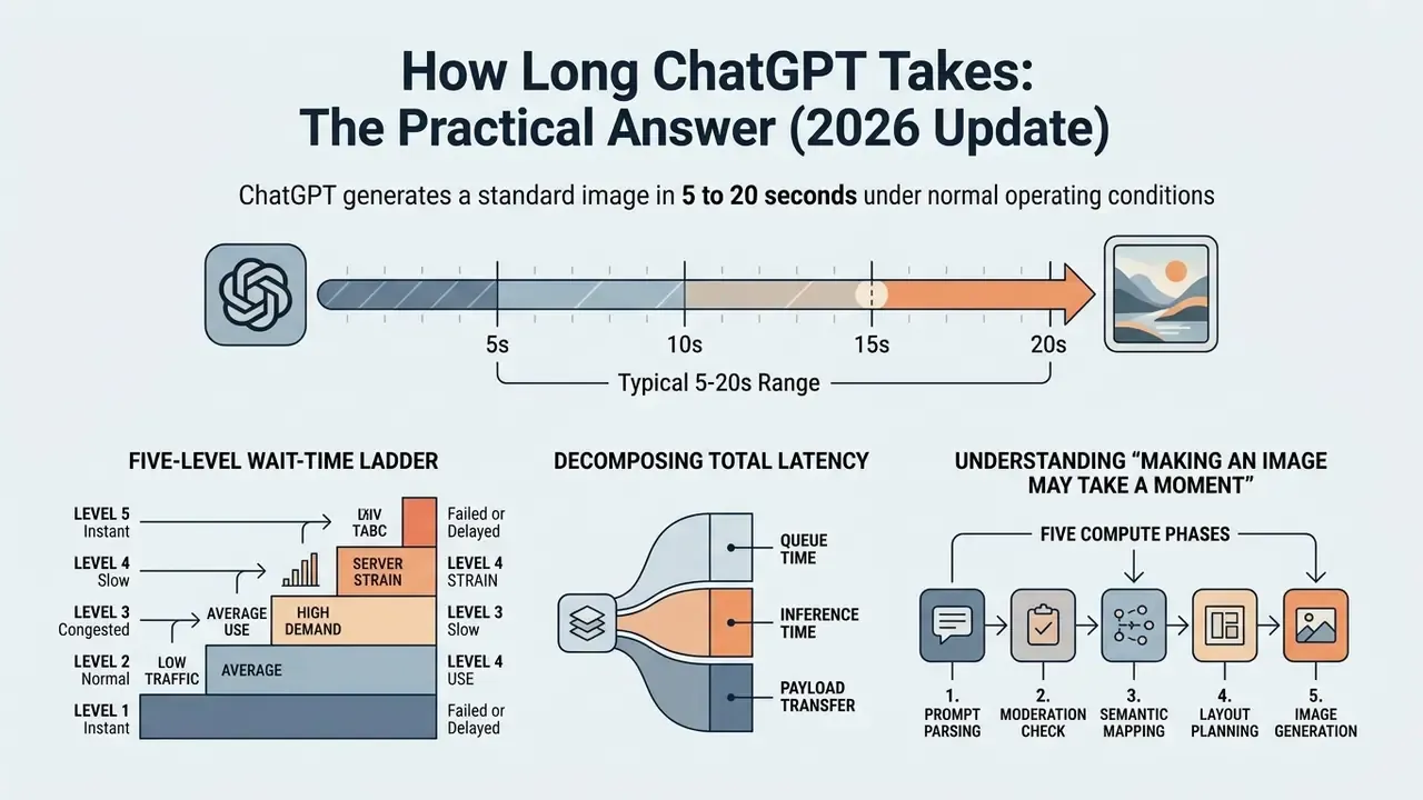Infographic detailing ChatGPT image generation wait times, latency components, and compute phases