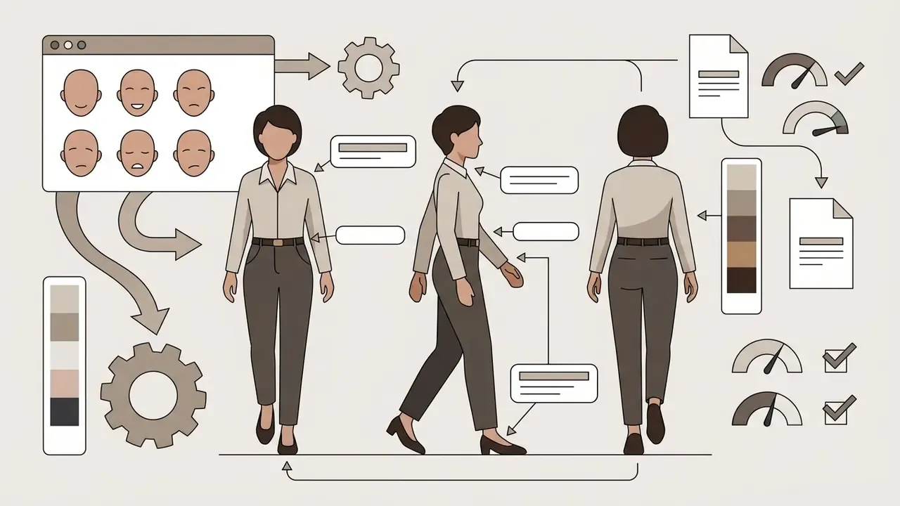Character design sheet showing front, side, and back views with facial expressions, color palettes, and gauges