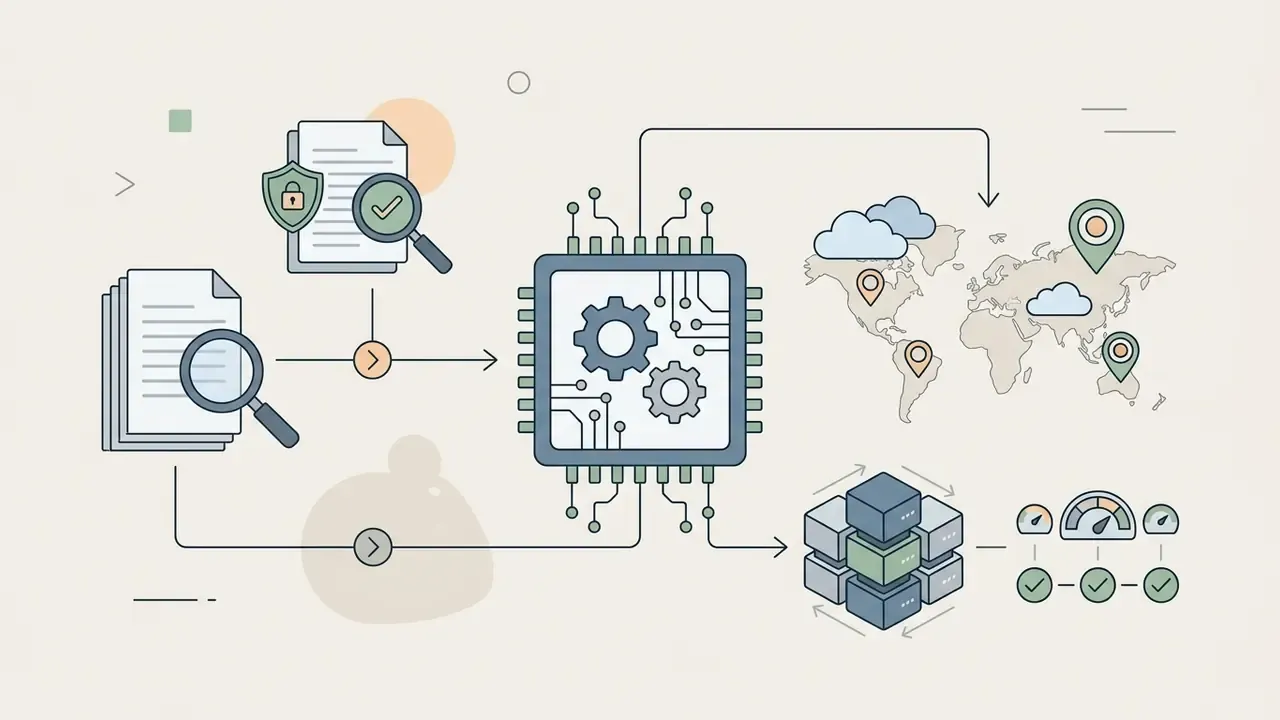 Documents being processed by a central microchip and routed to global server locations and data storage