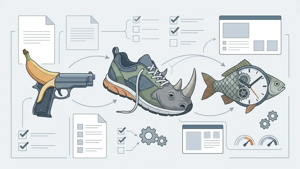 Surreal entities including a banana gun, a rhino sneaker, and a clock fish connected by process lines