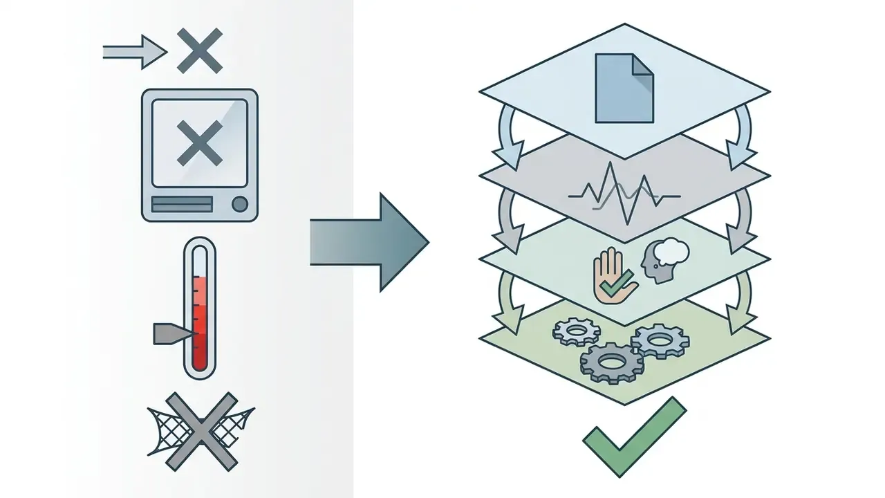 Failed detection icons pointing to a layered framework of metadata, stylometrics, and human review