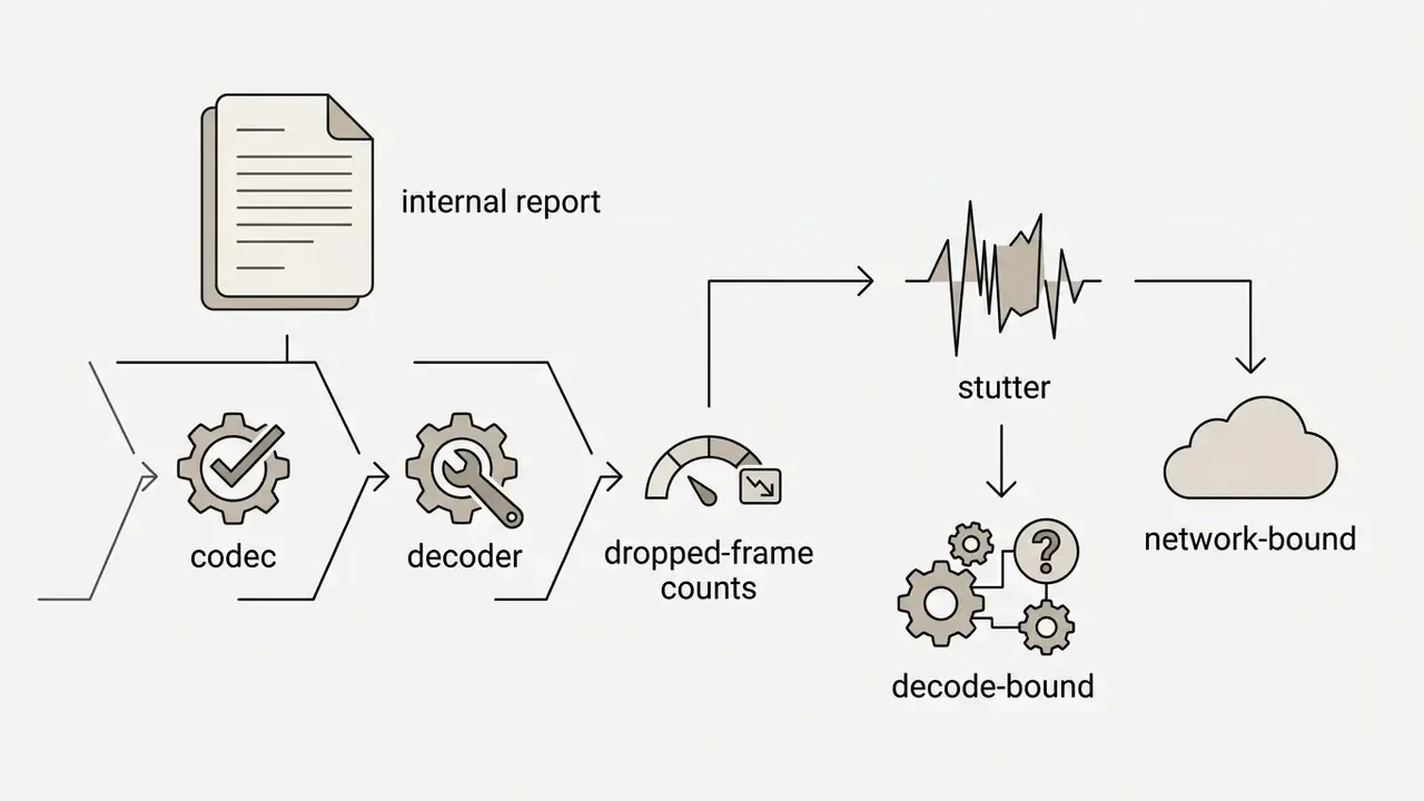 Internal report processing through codec and decoder gears to analyze stutter causes and network issues