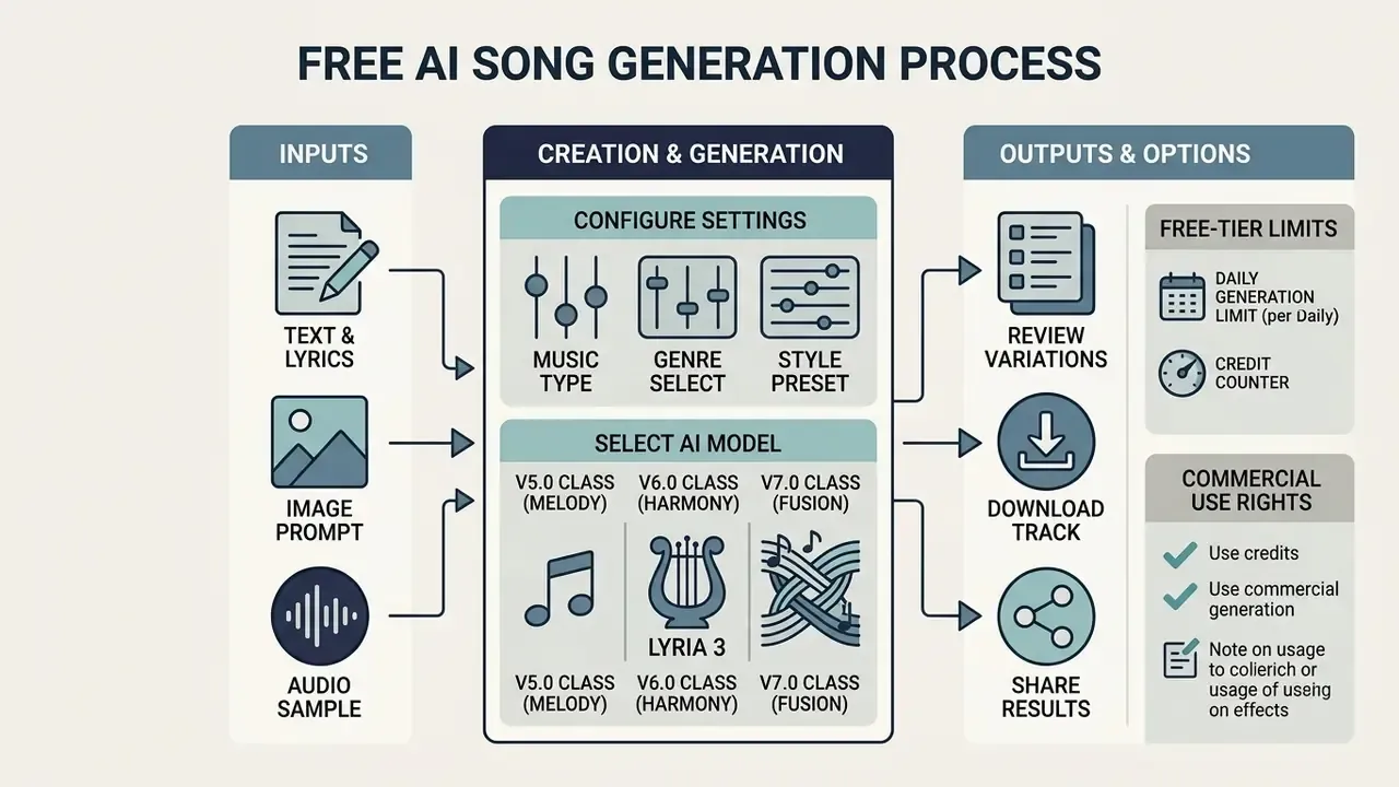 Step-by-step infographic detailing the inputs, model selection, and output options for an AI song generator