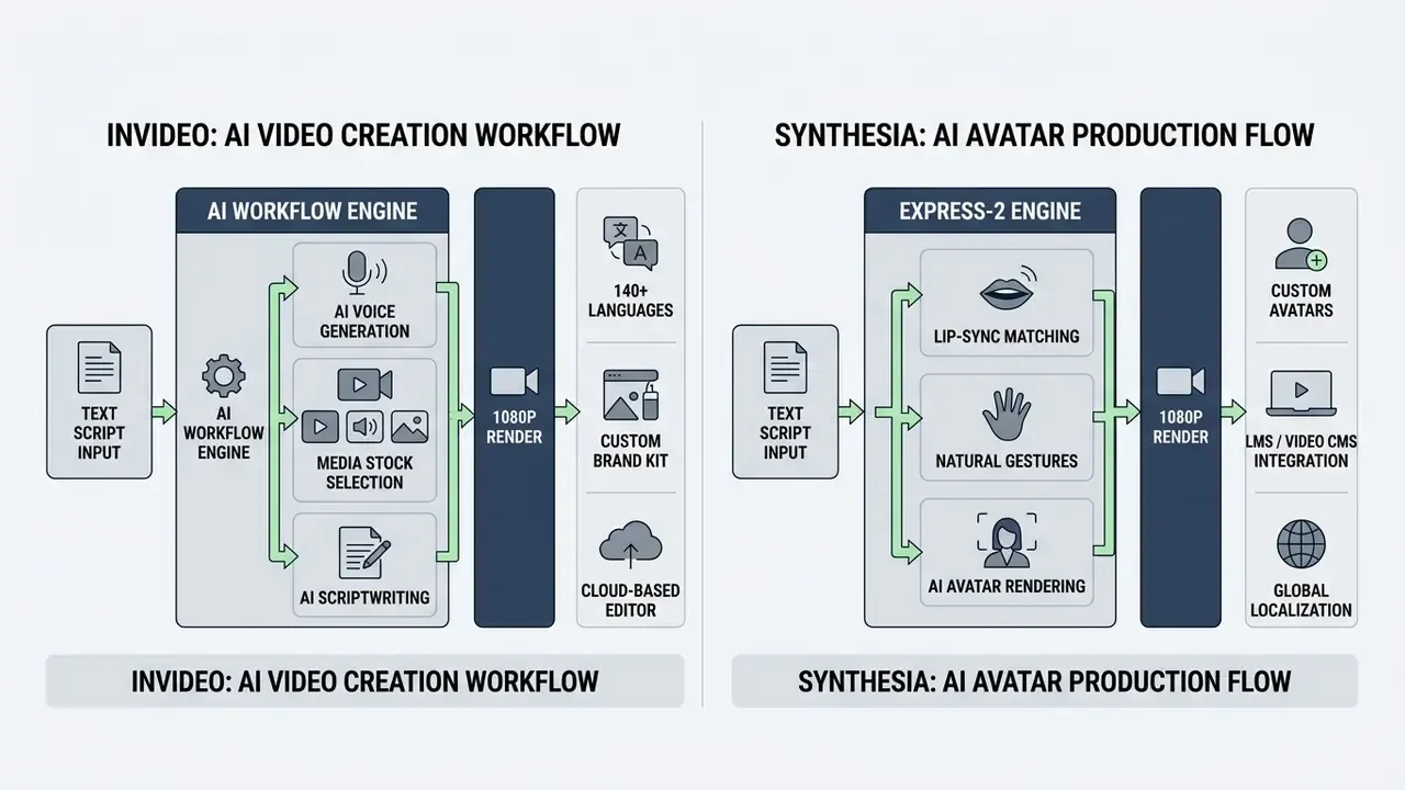 Side-by-side diagrams outlining the InVideo and Synthesia AI production workflows from text to render