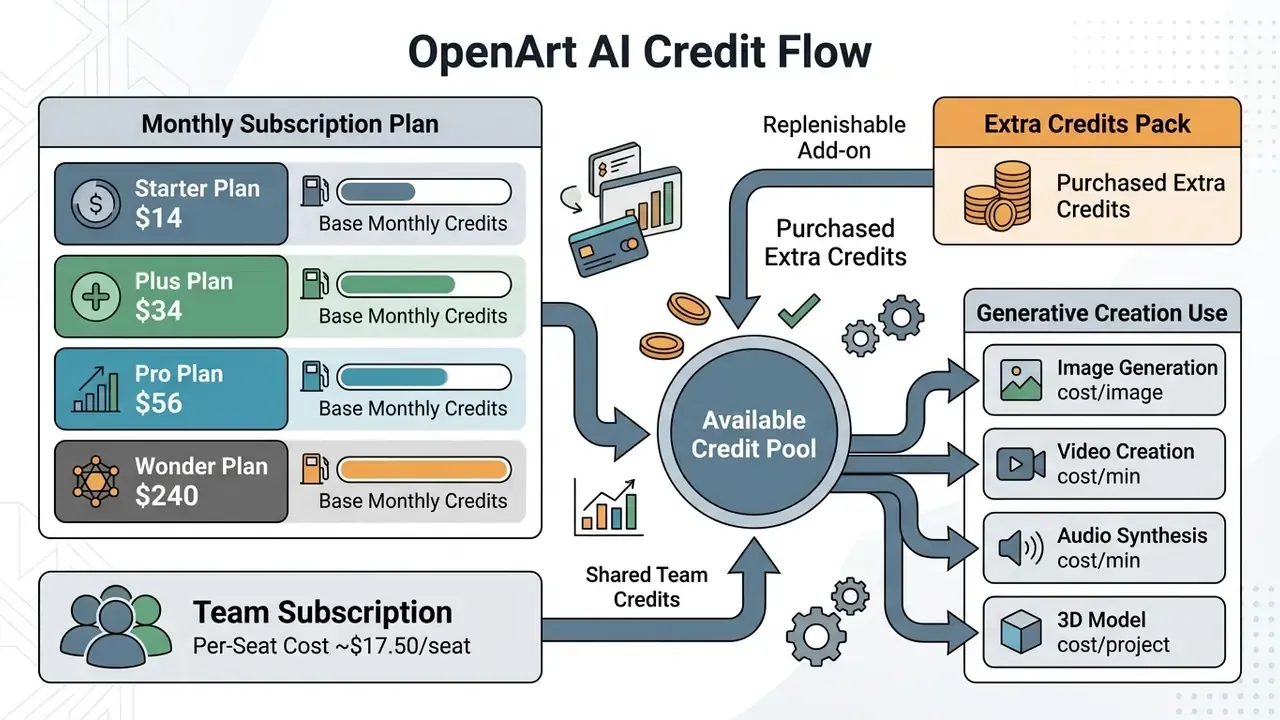 Flowchart showing how monthly subscription and extra credit packs feed into a central available credit pool