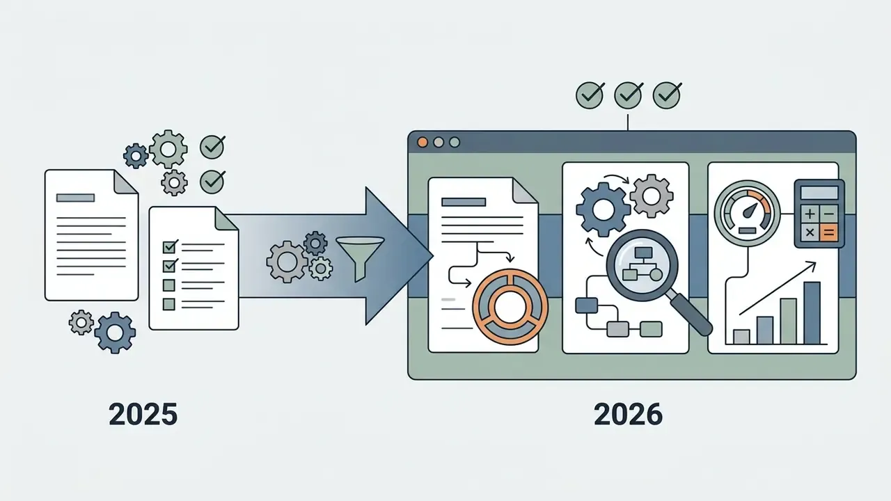 Comparison of document processing workflows between 2025 and 2026 showing increased analytical complexity