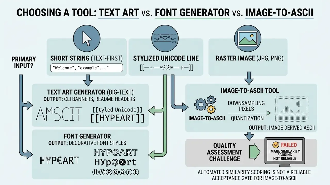 Decision flow comparing inputs for text art, font generators, and image-to-ASCII conversion tools