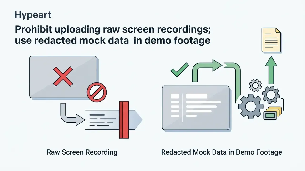 Comparison showing a blocked raw screen recording versus an approved workflow using redacted mock data