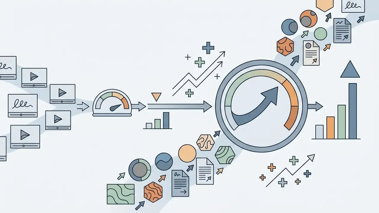 Video clips flowing through a gauge and processor to generate optimized assets and performance growth