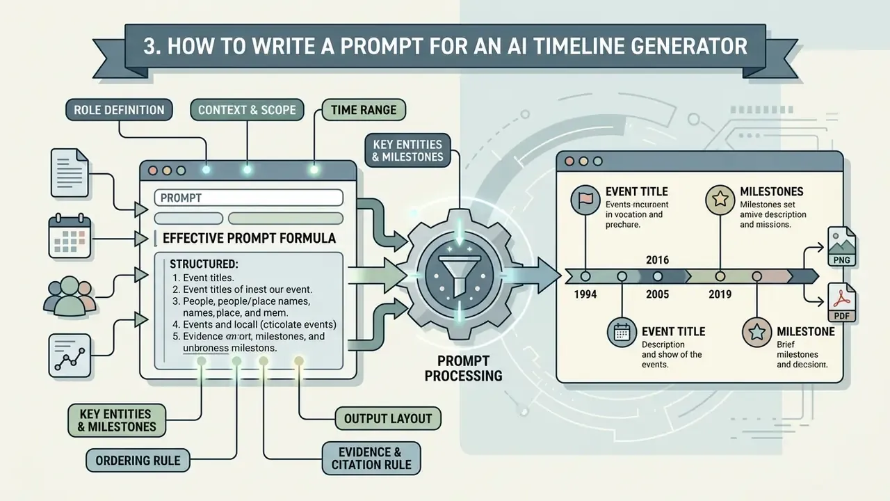 Structured prompt formula diagram showing data inputs feeding into a processing gear to create a visual timeline