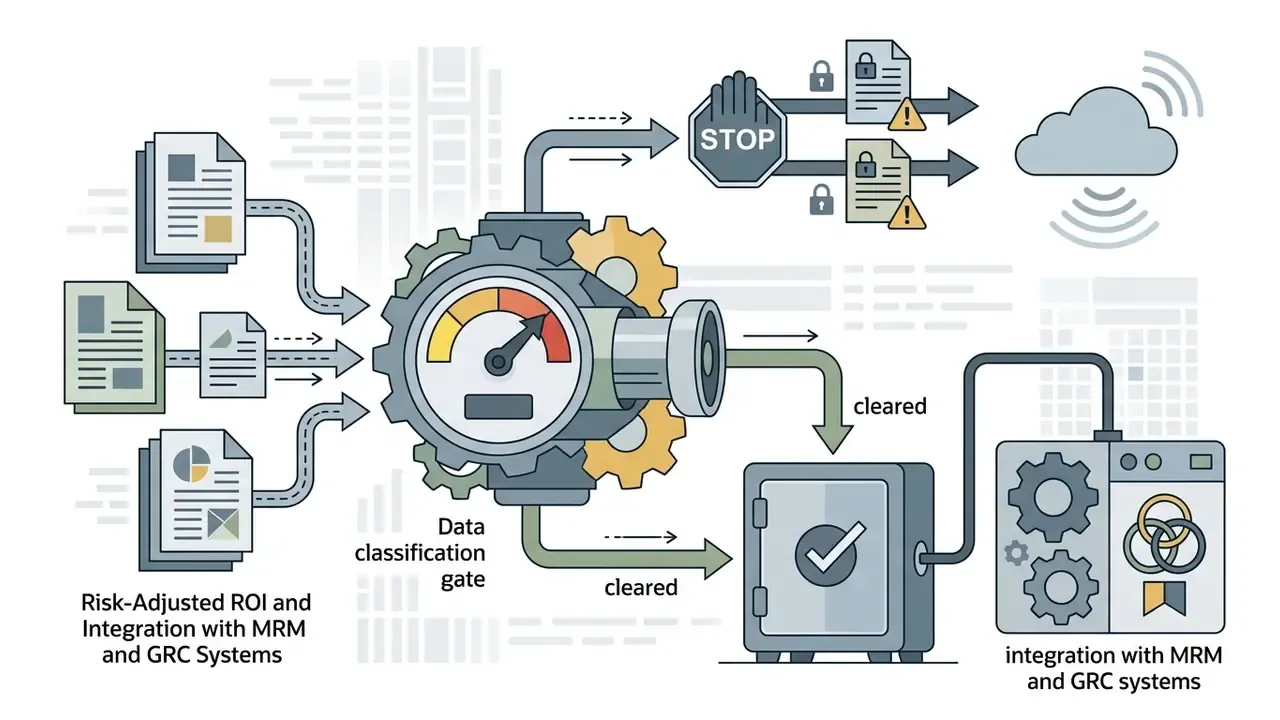 Documents filtered through a gauge to block sensitive data or route cleared files into a secure vault