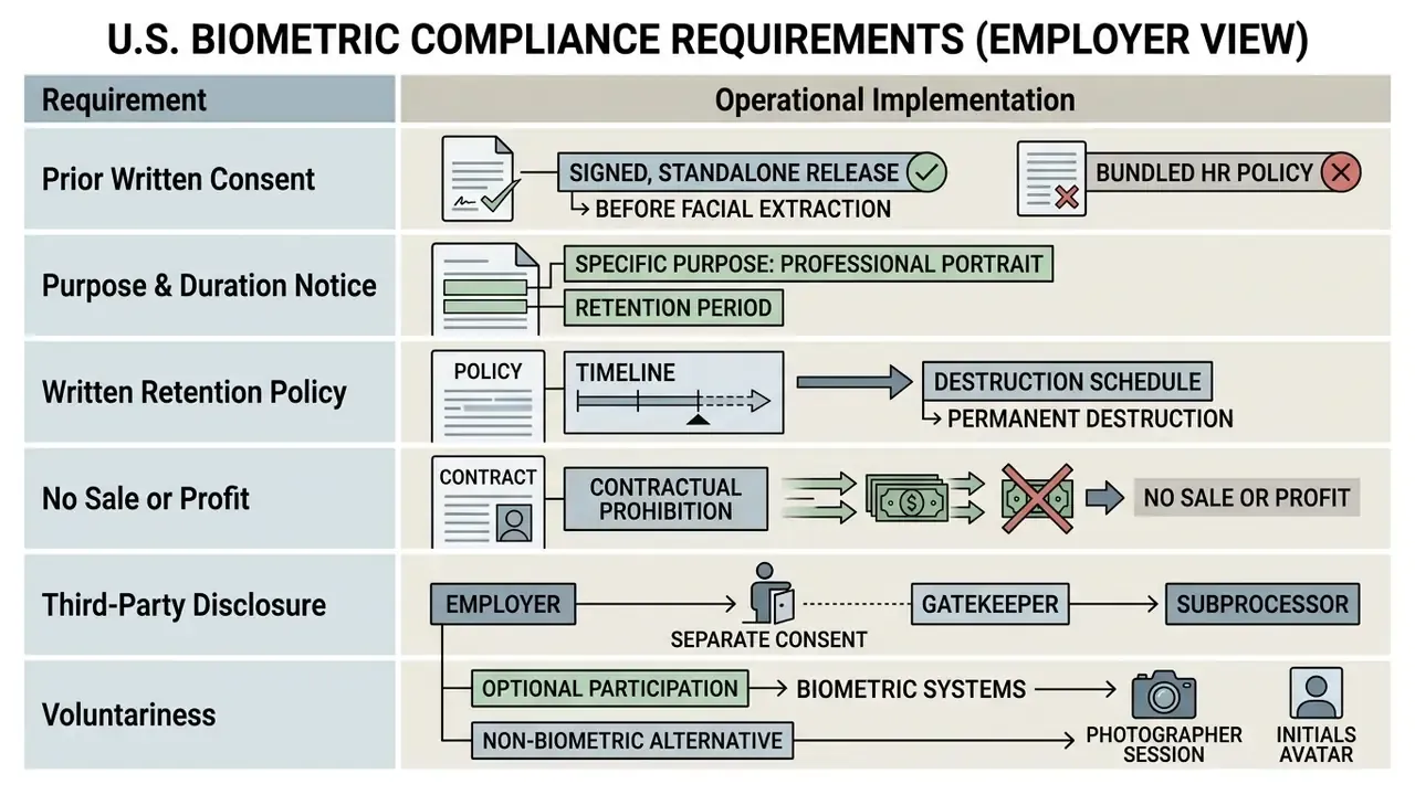 List of biometric compliance requirements for employers including consent, retention, and data usage