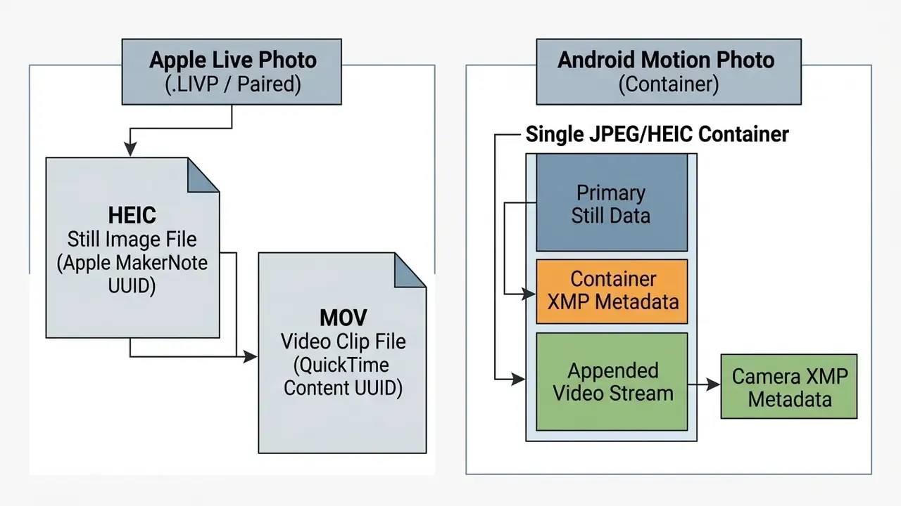 Technical diagram comparing the file structures of Apple Live Photos and Android Motion Photos