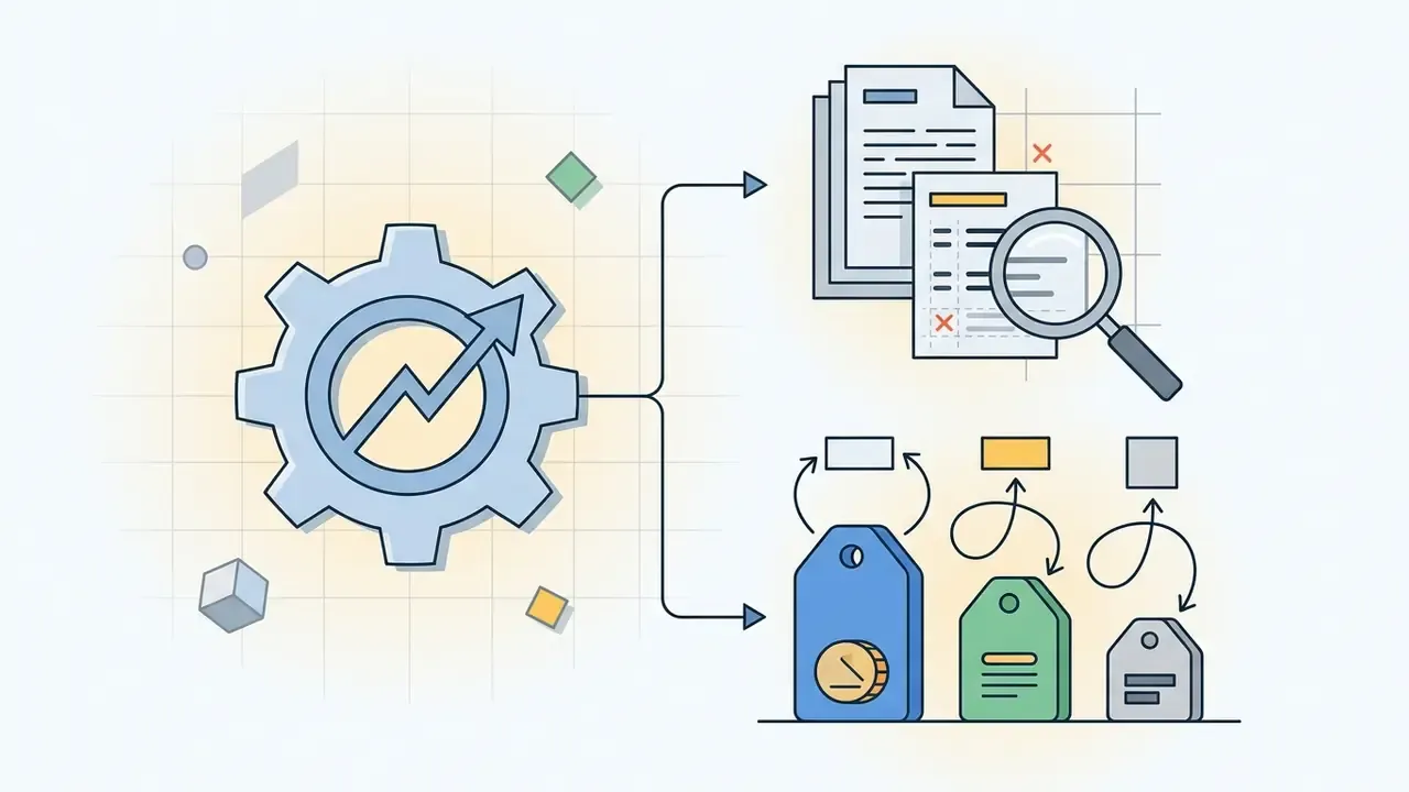 Gear icon with an arrow splitting into documents under a magnifying glass and varied pricing tags