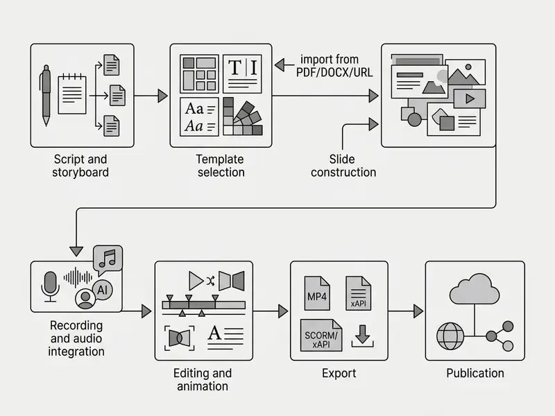 Linear process diagram showing stages from scripting and template selection to audio integration and export