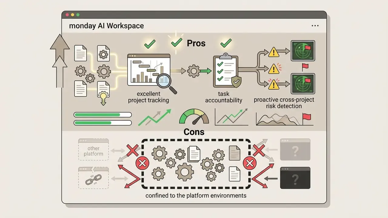 Project tracking and risk detection icons flow through gear systems to contrast platform connectivity