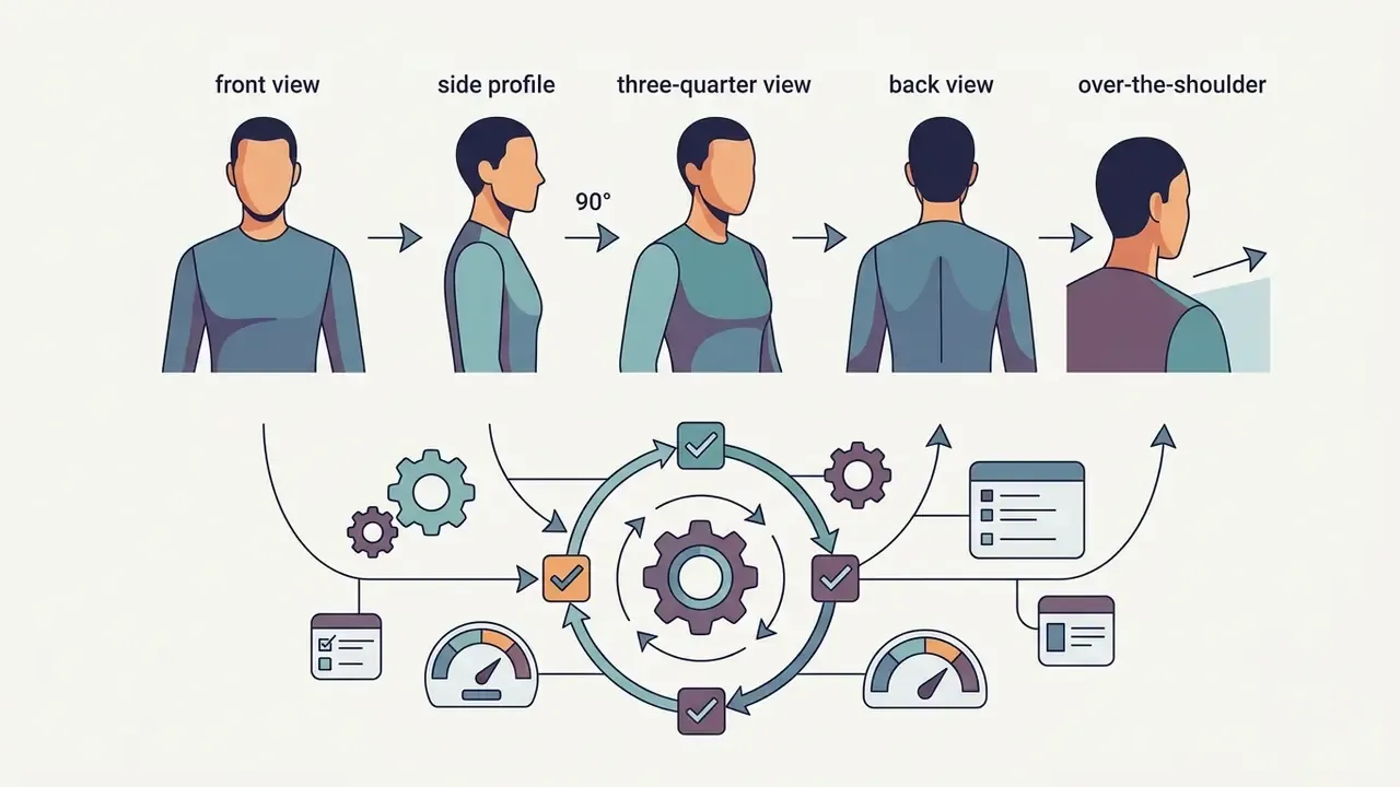 Human figures showing camera angles above a circular process diagram for writing AI prompts for images