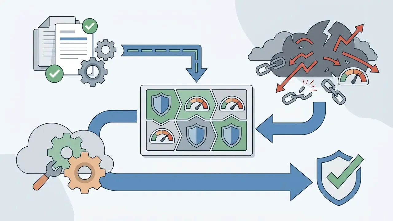 Document and cloud icons feeding into a central control panel to resolve security risks and gain approval