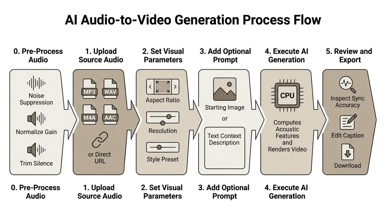 Six sequential steps for AI audio to video generation from audio processing to final export
