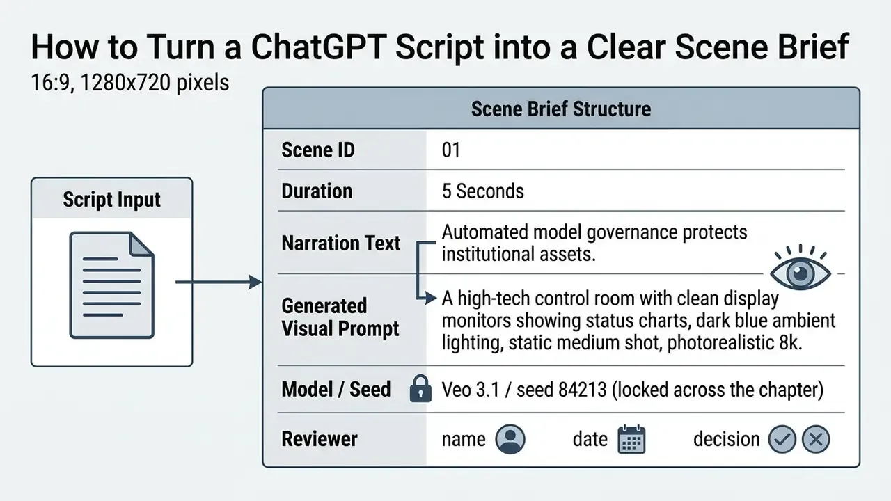Table detailing scene brief components including narration text, visual prompt, and model parameters