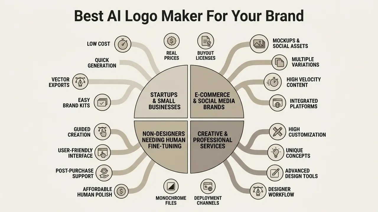 Circular diagram mapping business needs to specific features for choosing an AI logo generator