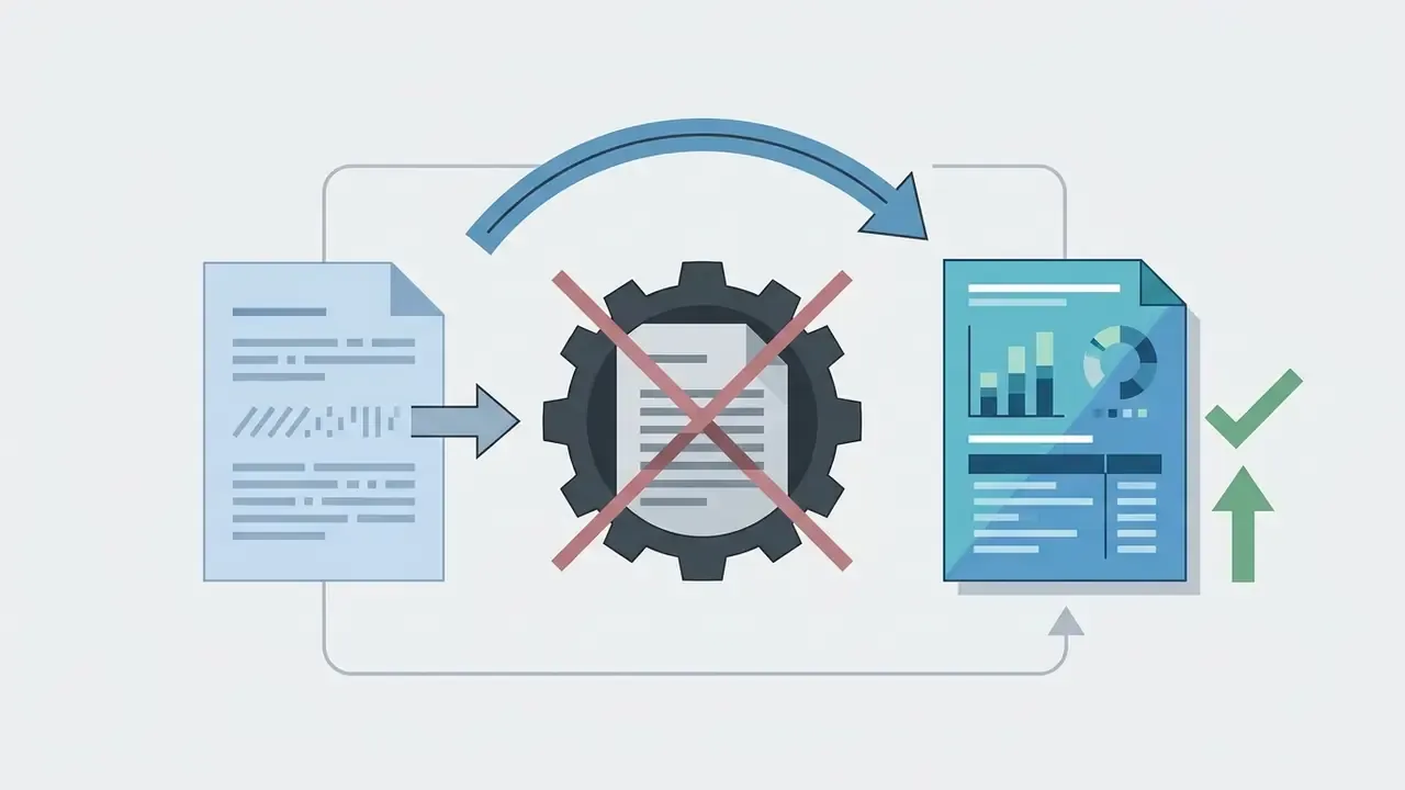 Document with a red cross moving through a gear to become a report with charts and a green checkmark