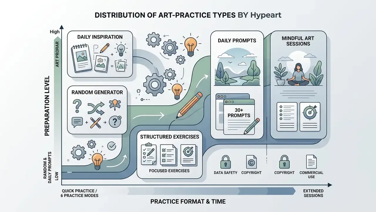 Chart mapping art practice types by preparation level and session duration using icons and flow paths