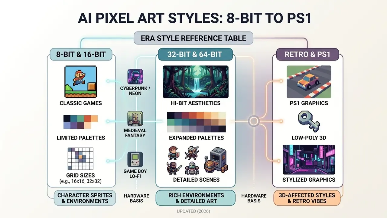 Infographic comparing AI pixel art styles across hardware eras from 8-bit classics to PS1 low-poly graphics