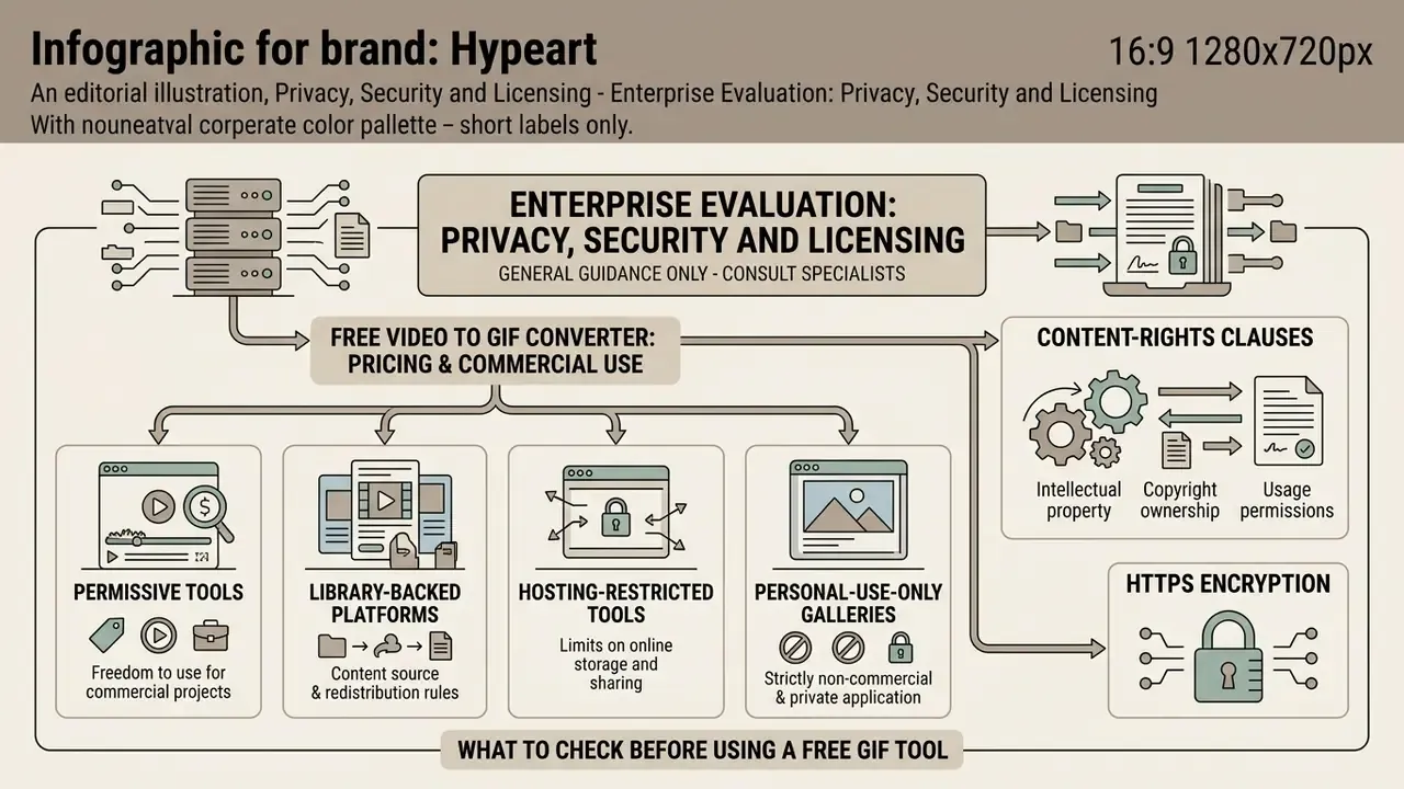 Flowchart outlining enterprise considerations for video to GIF converter privacy and licensing