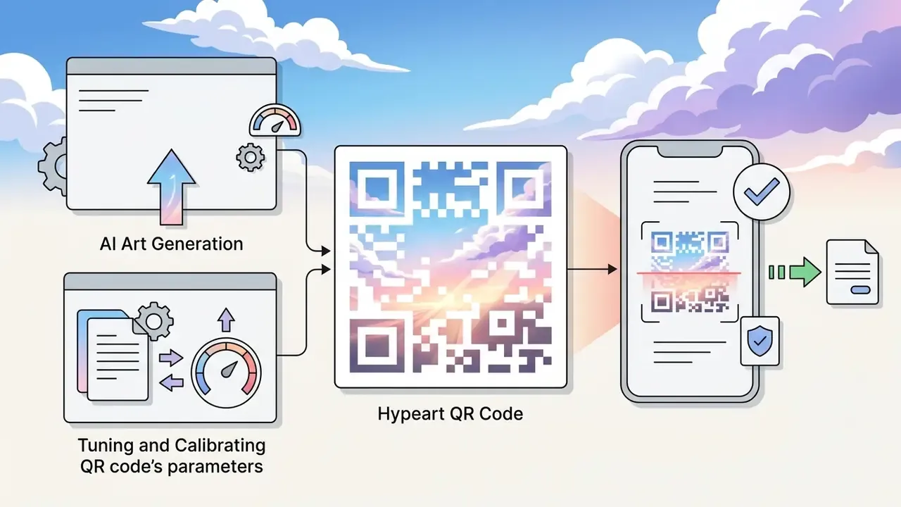 Diagram showing artistic QR code generation and scanning validation against a soft anime sky background