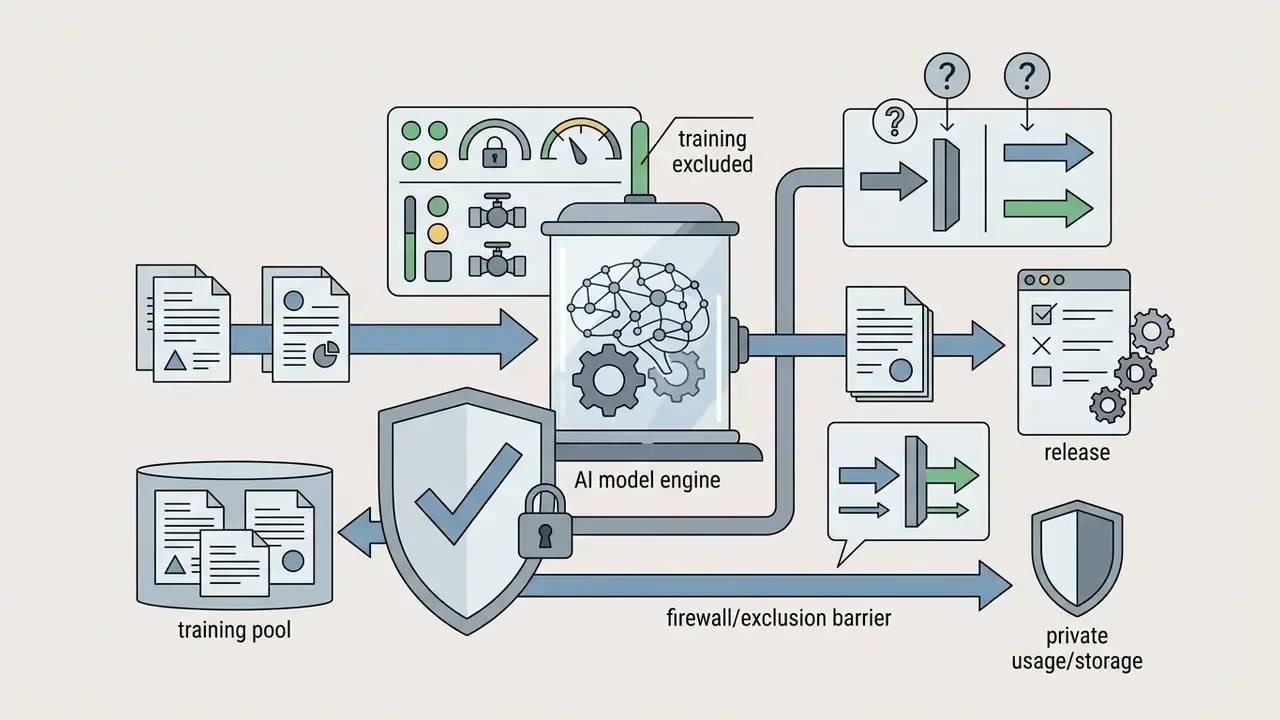 AI model engine showing data inputs diverted from a training pool by a firewall and exclusion barrier