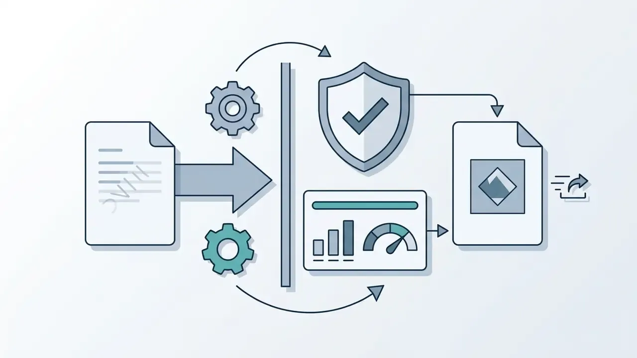 Document processing icon moving through gears and a shield to produce a watermarked video file