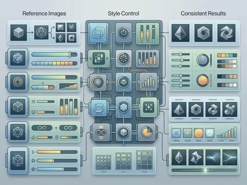 Diagram showing the process of using reference images and style controls to achieve consistent AI results