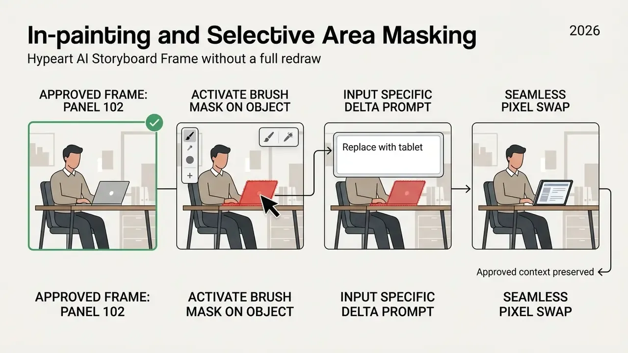 Step-by-step process showing how to mask an object and use a text prompt to replace a laptop with a tablet