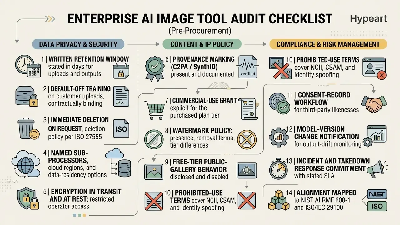 Numbered list of fourteen vendor audit criteria categorized by data security, content policy, and risk management