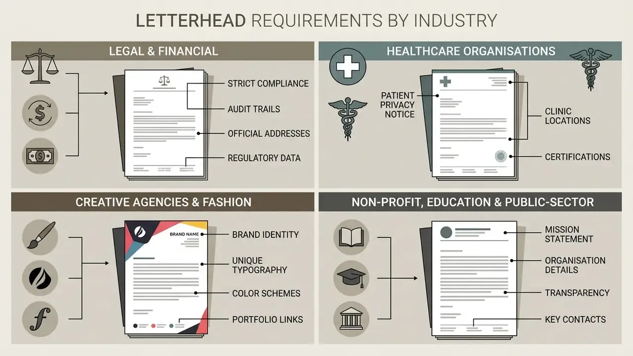 Infographic comparing document standards across legal, healthcare, creative, and public sectors
