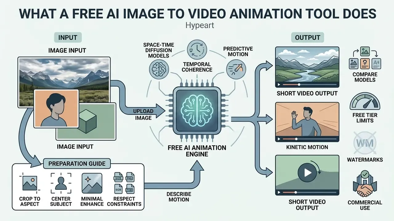Infographic showing how a free AI image to video animation tool processes static inputs into motion clips