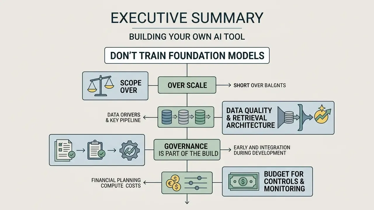 Flowchart outlining key considerations for building an AI tool while avoiding foundation model training