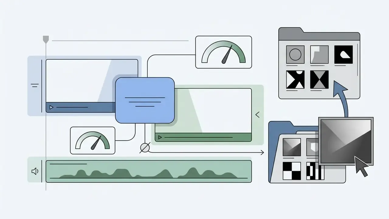 Folders containing grayscale transition masks being dragged into a video editing timeline workspace